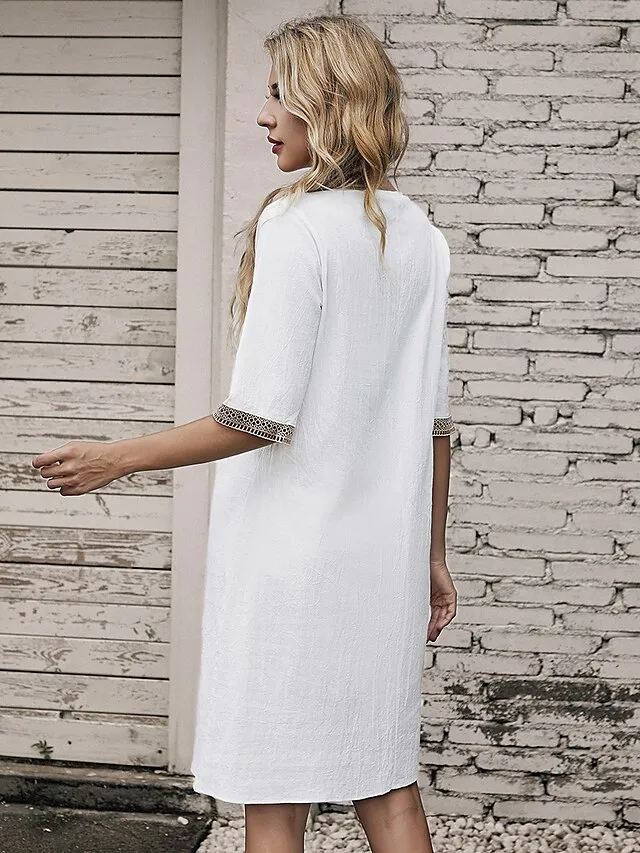 Women's Cotton Linen Dress Casual Dress Shift Dress Midi Dress Cotton And Linen Fashion Modern Outdoor Daily Vacation V Neck Patchwork Half Sleeve Summer Spring 2023 Regular Fit Gray Plain 3XL