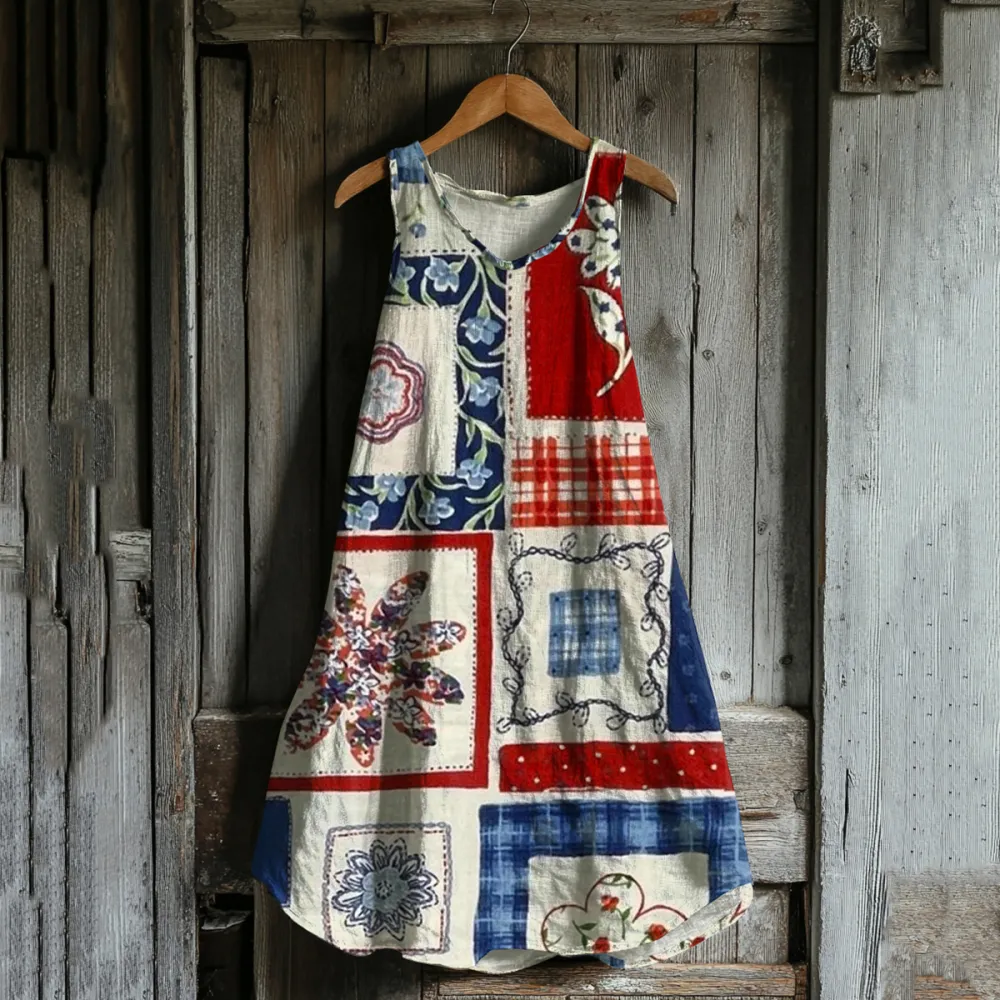Vintage Independence Day American Geometry Floral Linen Tank Dress