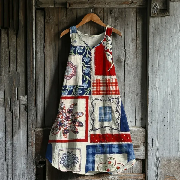 Vintage Independence Day American Geometry Floral Linen Tank Dress