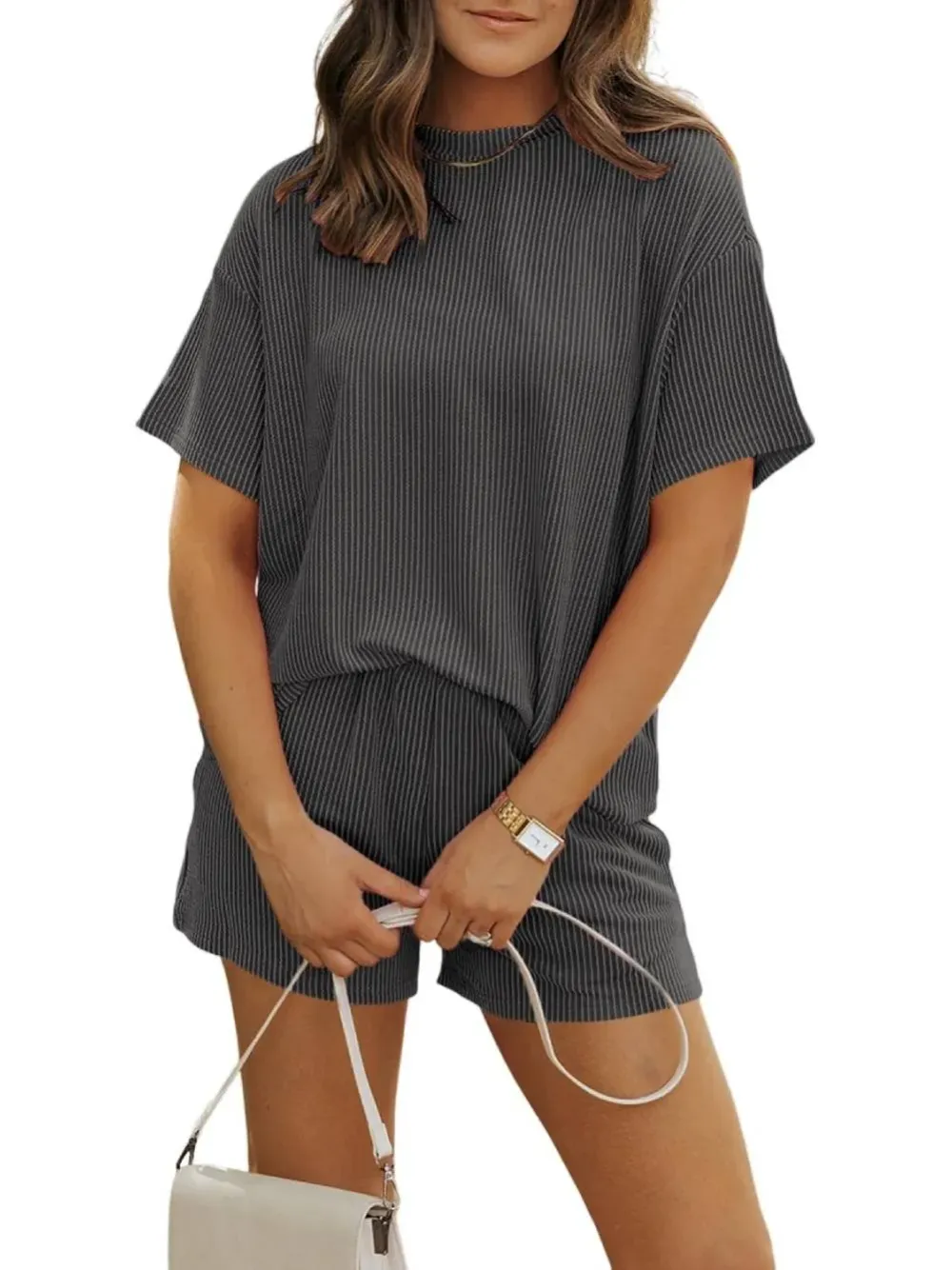 Women'S Crew Neck Ribbed Textured Shorts Set
