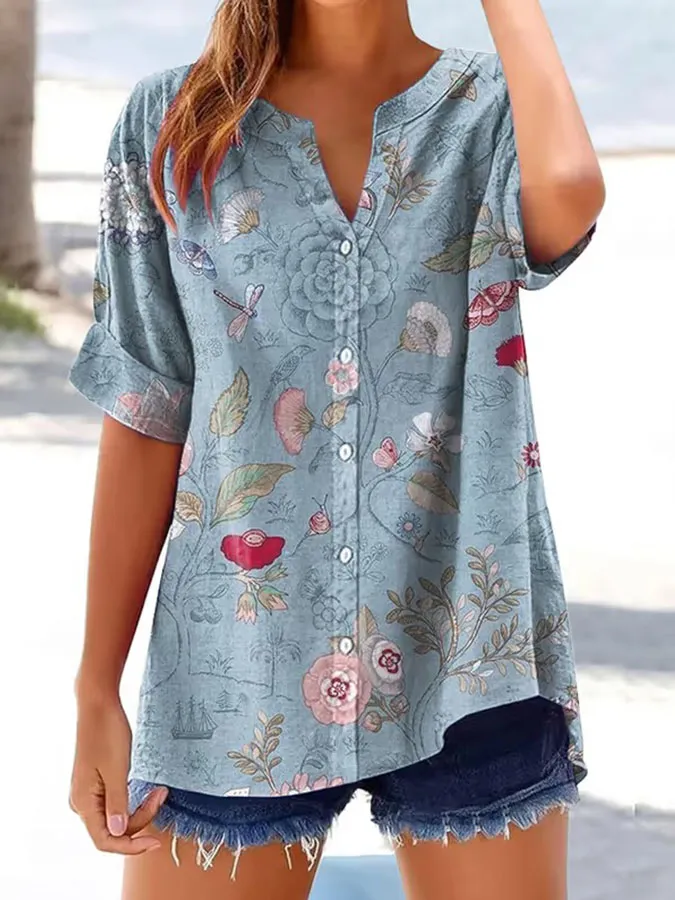 Women's Retro Flower Pattern Button Casual Shirt
