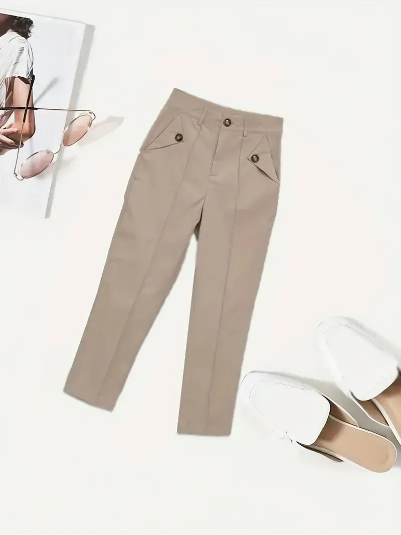 Skinny Leggings Pants - Solid Belted, Slant Pocket Button, Casual Every Day - Women's Clothing