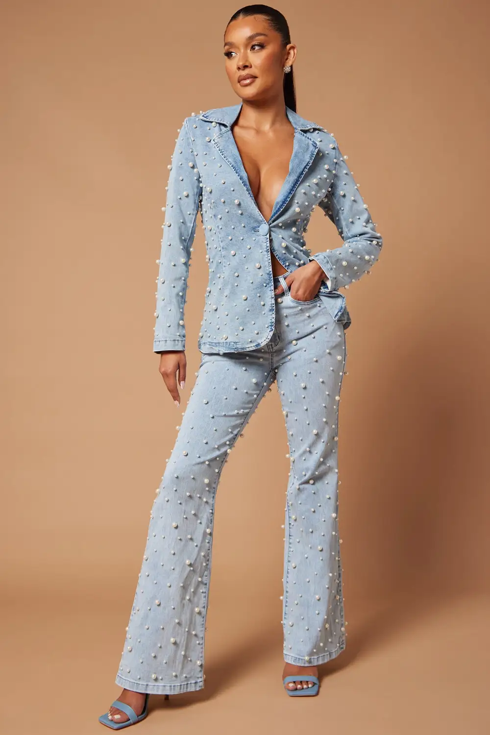 Sandrine Embellished Denim Blazer Set - Blue