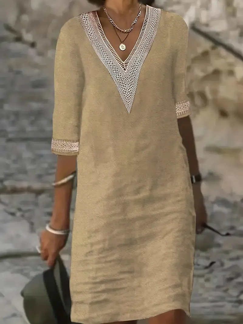 Guipure Lace V-Neck Short Sleeve Dress for Women, Spring & Summer Casual Dress