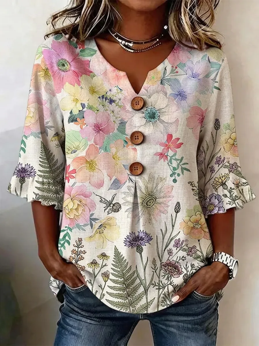 Women's Nashville Floral Botanical Printed V-Neck Button Top