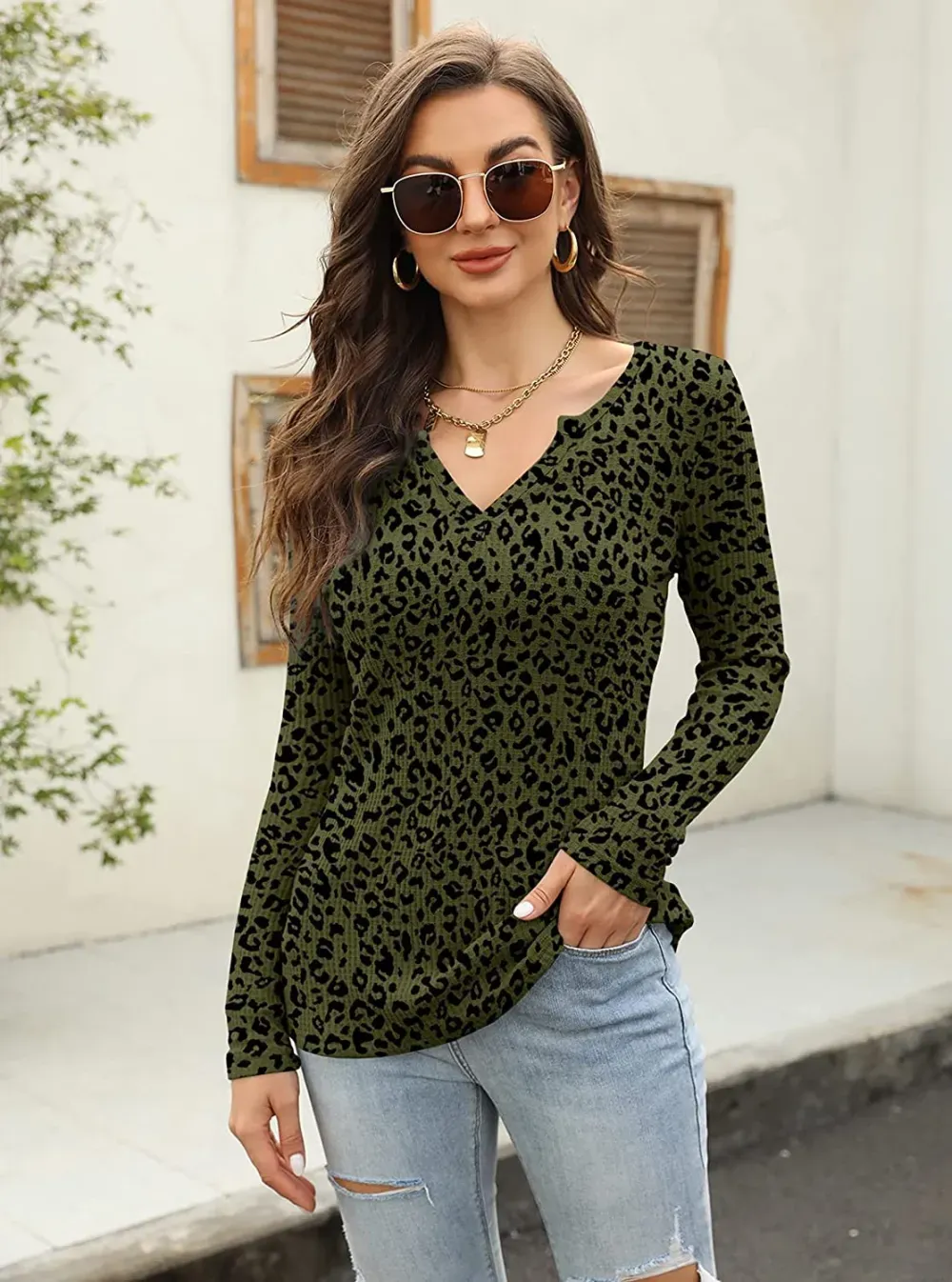 Women's V Neck Waffle Knit Henley Tops Casual Long Sleeve Pullover Sweater Blouses