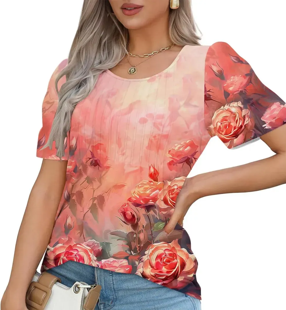 Womens Summer Pleated Front Shirts Tunics Casual Short Sleeved Loose Round Neck Boho Printed Tops Vacation Blouse
