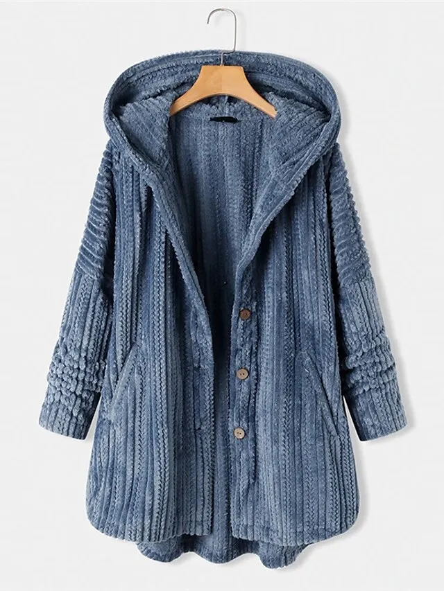 Women's Plus Size Teddy Coat Winter Coat Button Pocket Plain Outdoor Causal Long Sleeve Hoodie Regular Winter Fall Black Blue Khaki XL XXL 3XL 4XL 5XL