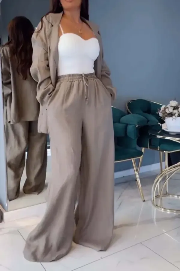 Women's casual suit wide leg pants cotton and linen two-piece set