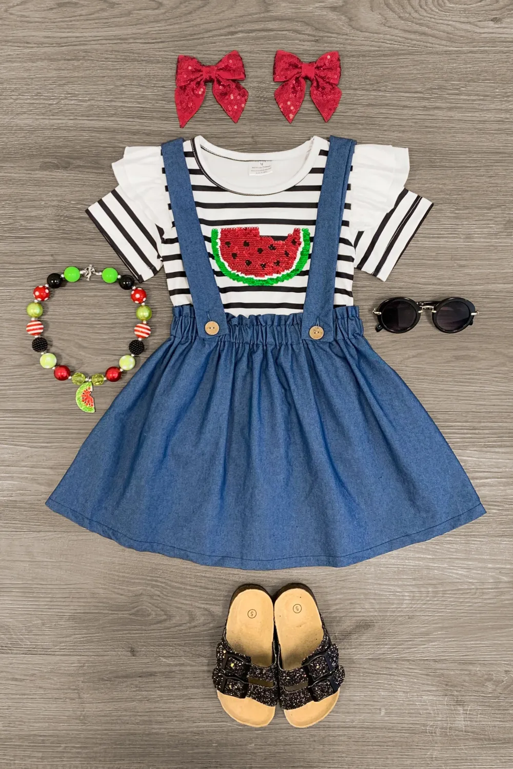 Stripe Sequin Watermelon Chambray Skirt Set