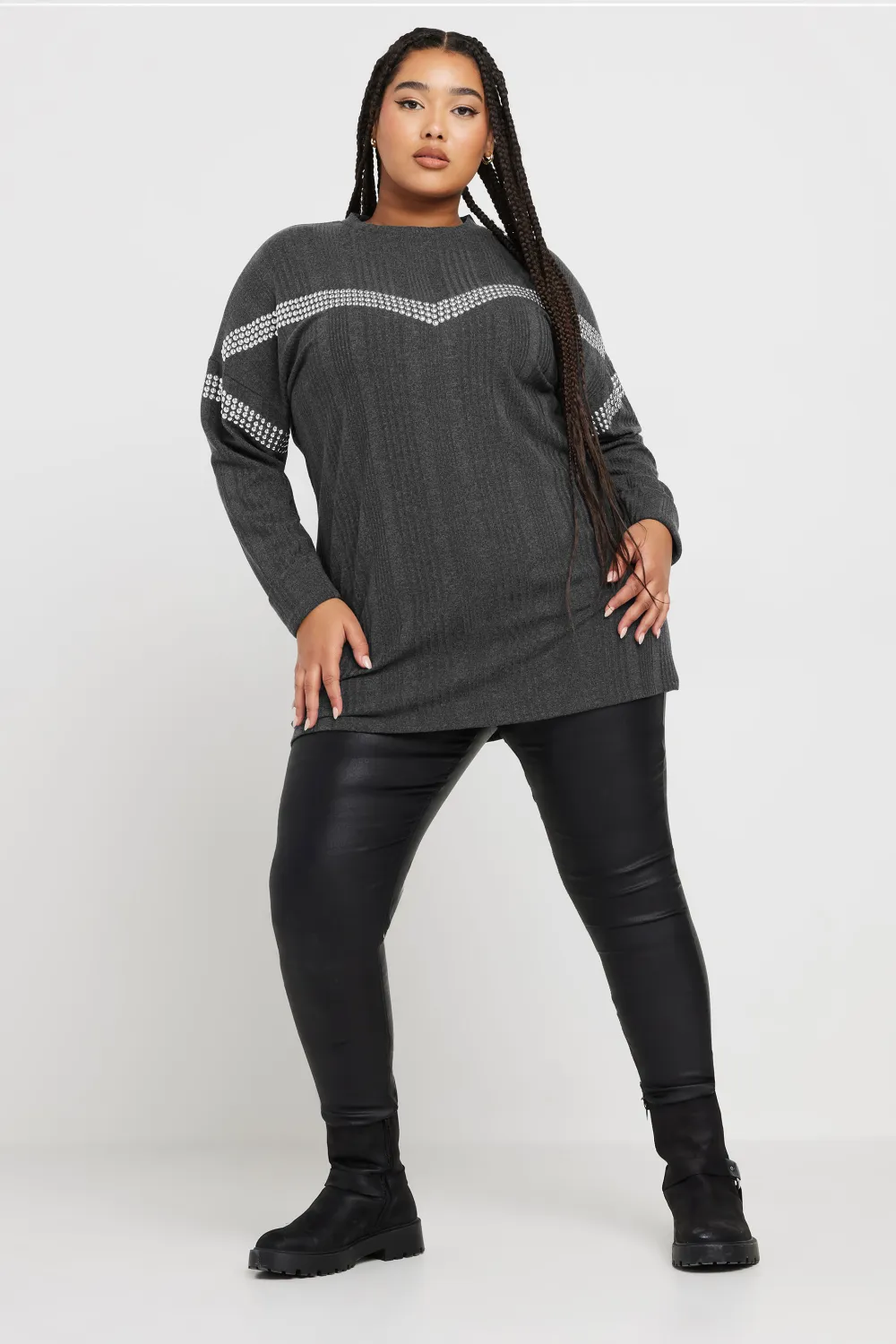 YOURS Curve Grey Ribbed Chevron Stud Jumper