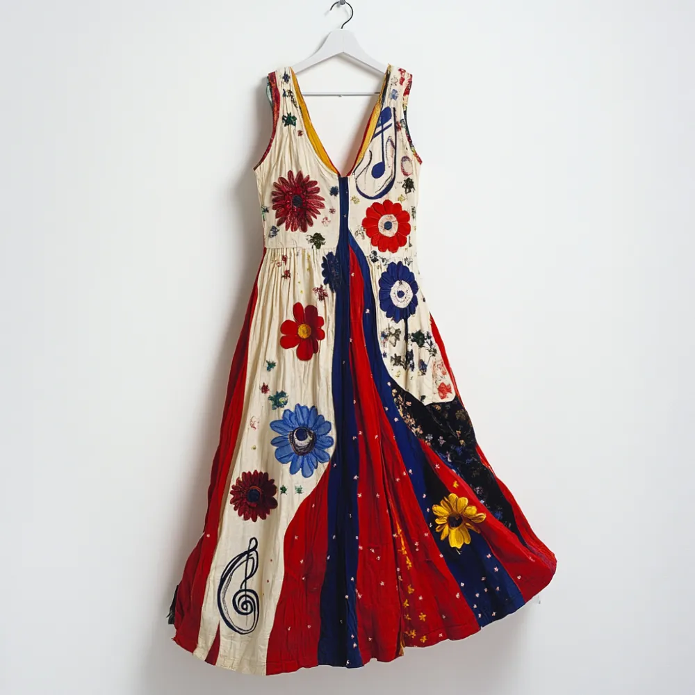 Women's Vintage Floral And Musical Notes Art Sleeveless Dress