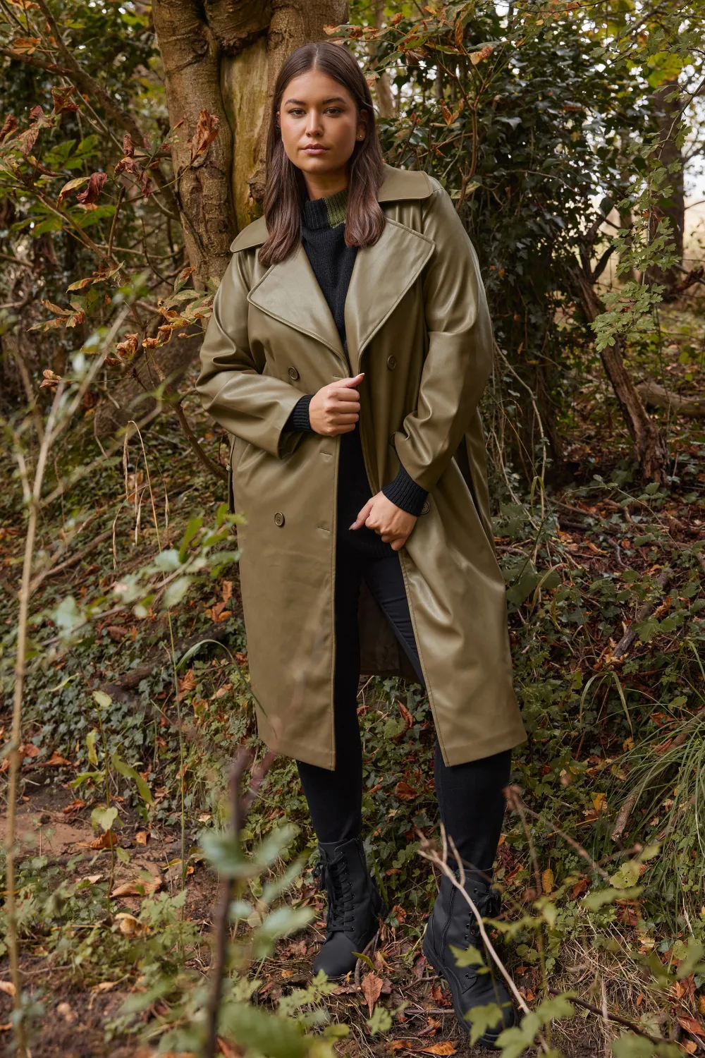 YOURS Curve Olive Green Faux Leather Trench Coat