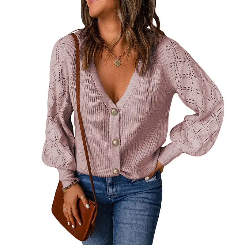 diamond puff sleeve knitted sweater coat