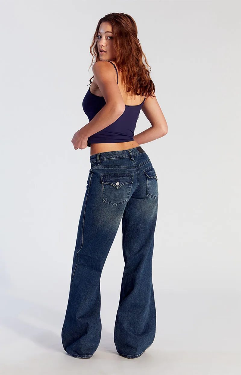 PacSun Casey Button Pocket Low Rise Baggy Jeans Dark Indigo