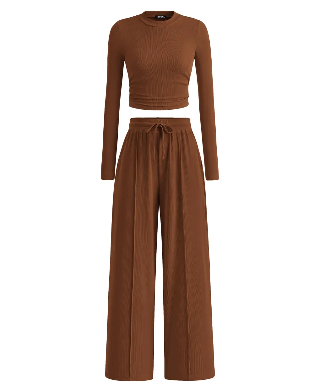 Women's 2-Piece Ribbed Knit Long Sleeve Crop Top Wide Leg Pants Matching Lounge Set Loungewear