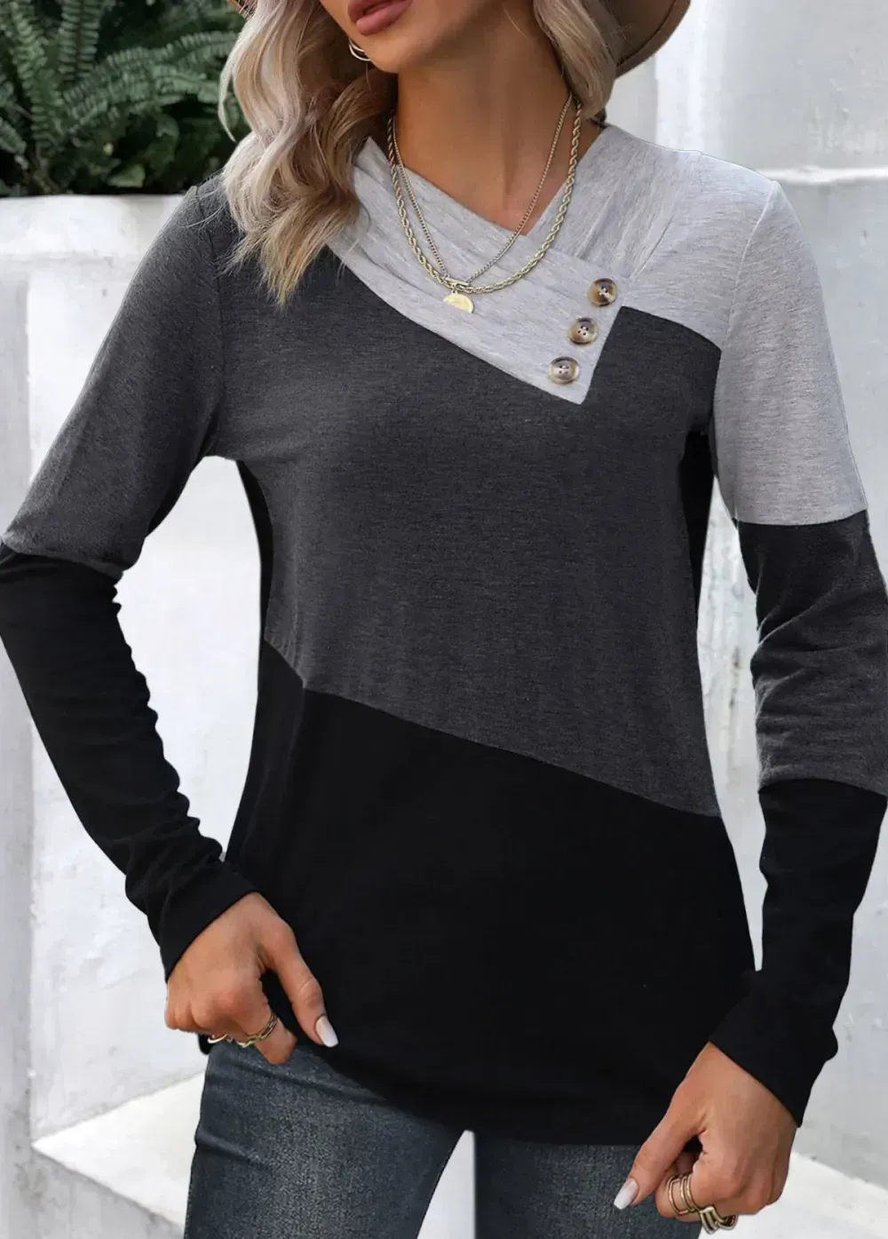 Dark Grey Marl Patchwork Long Sleeve T Shirt