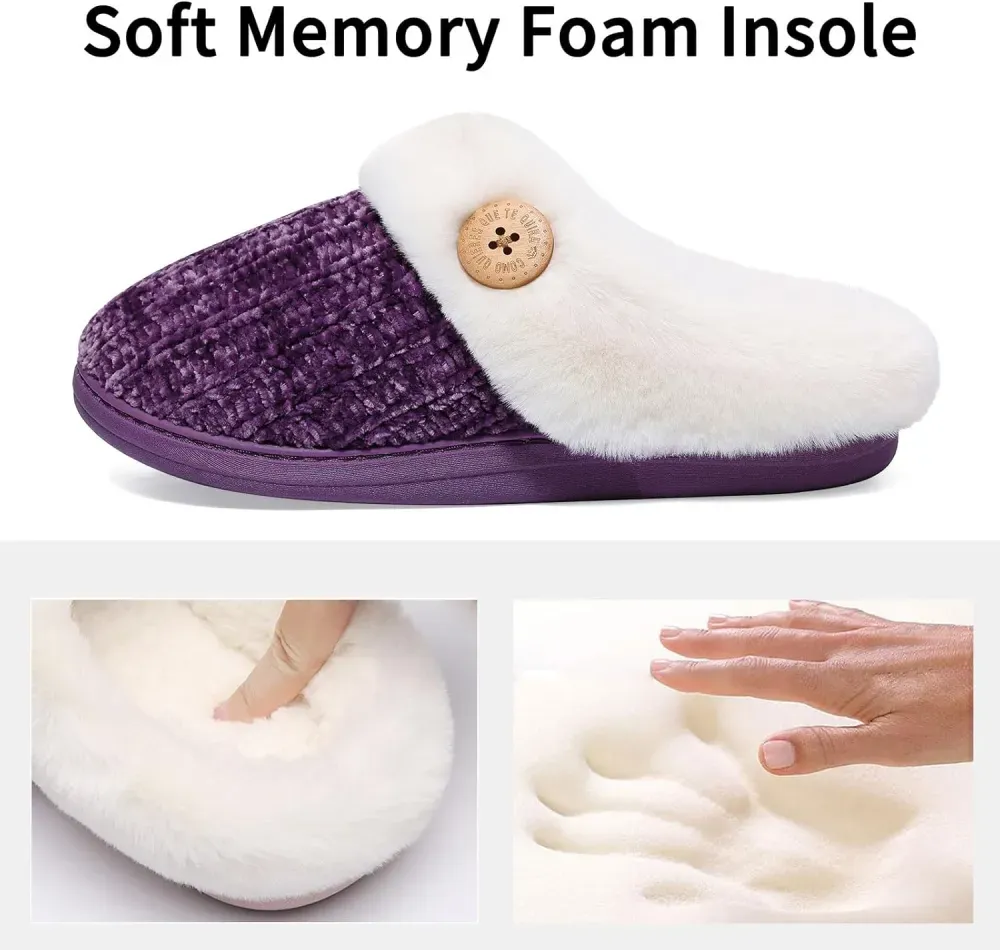 Warm Knit House Slippers for Women Comfy Wool-Like Lined Chenille Slippers with Memory Foam and Indoor Outdoor Soles