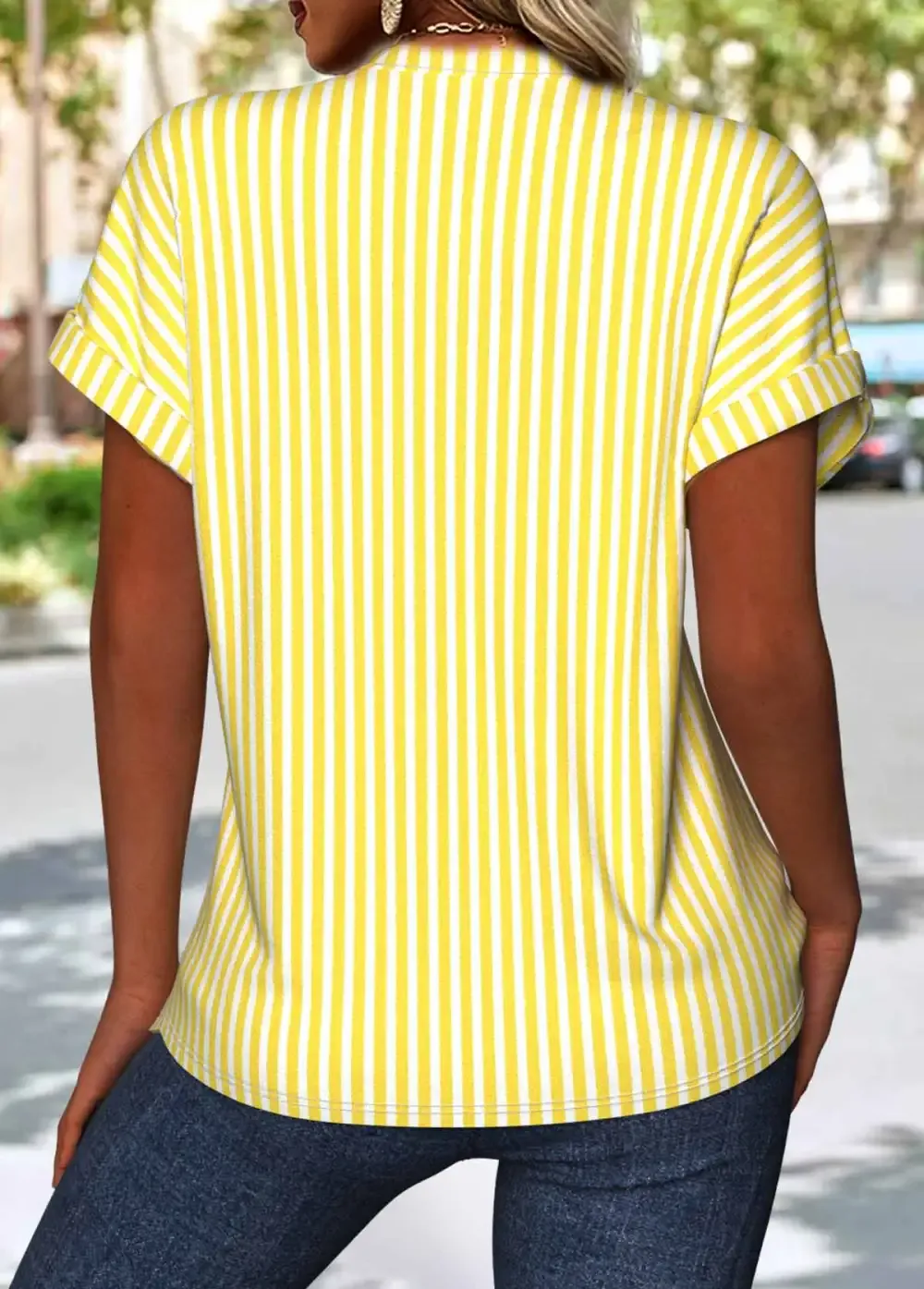 Light Yellow Striped Short Sleeve Split Neck Blouse