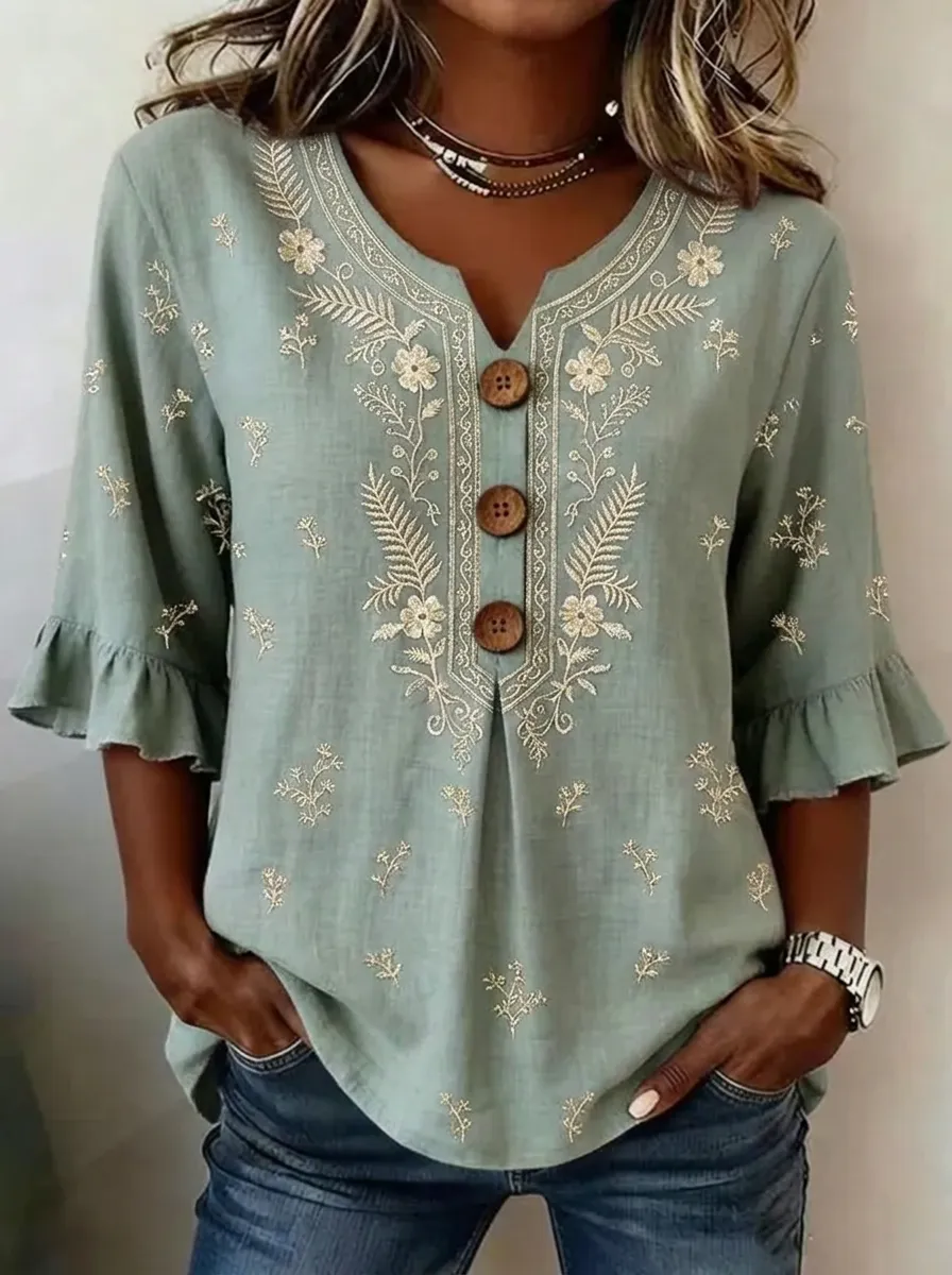 Women's Nashville Floral Embroidery Button-Down Ruffle Sleeve Top