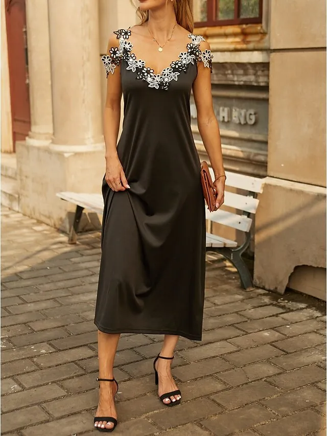 Women's Casual Dress Black Dress A Line Dress Long Dress Maxi Dress Polyester Fashion Casual Outdoor Daily Going out Strap Lace Patchwork Sleeveless Summer Spring 2023 Regular Fit Black White Green