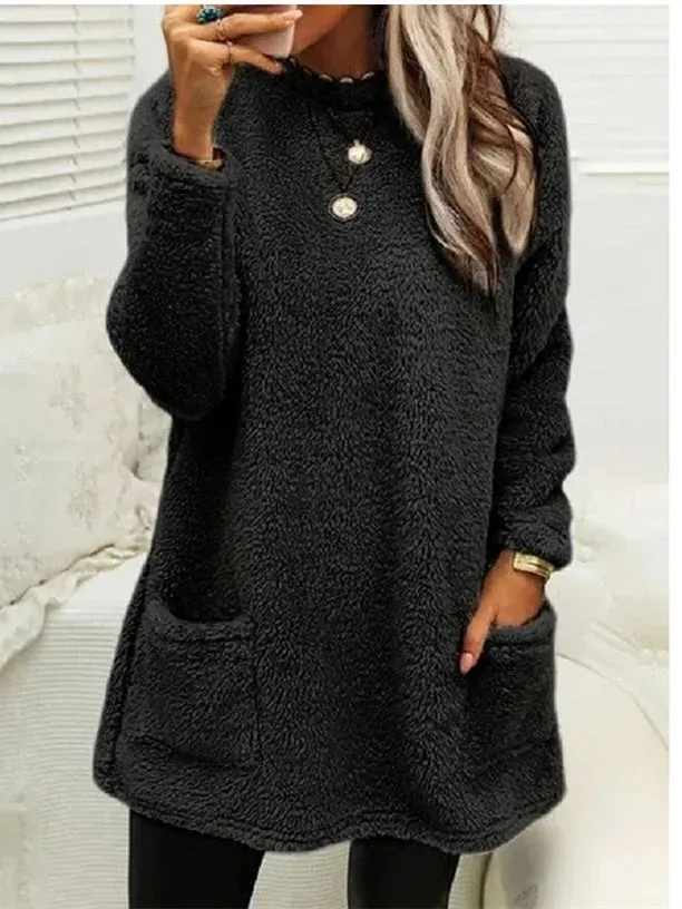 Women Plush Crew Neck Casual Thermal Pockets Midi Dress