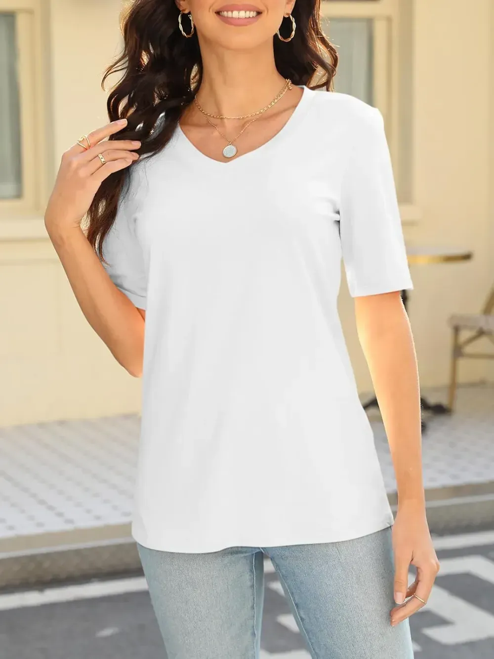 ORANDESIGNE Women's Color Block Short Sleeve T Shirts Casual V Neck Summer Tops Tees Loose Fit Blouses