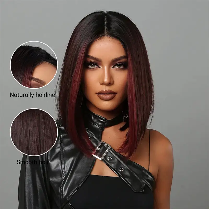 Sterly Dark Red Highlights Silky Blunt Cut Straight Bob Wig