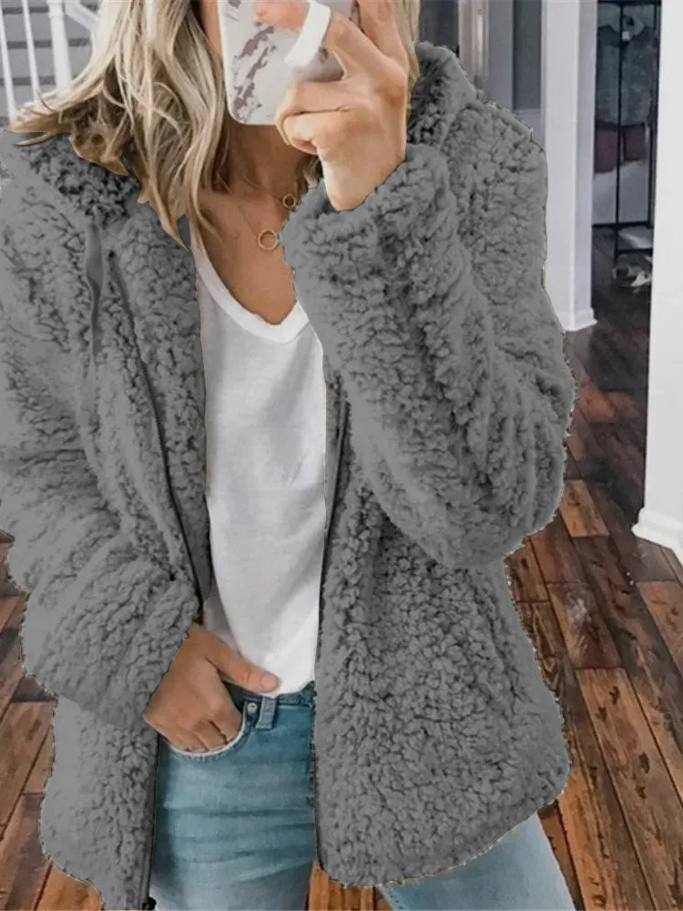 Women Causal Zipper Long Sleeve Hooded Teddy Coat Top