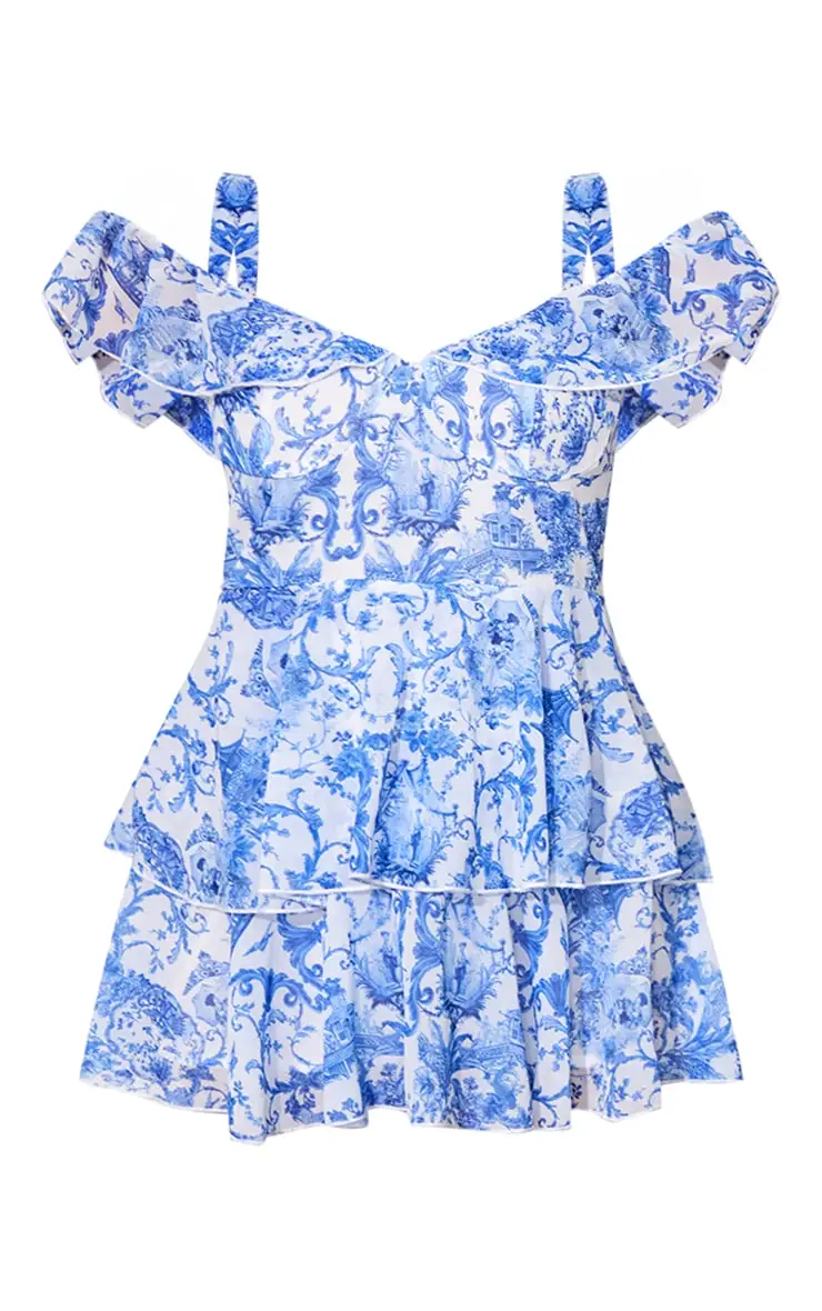 Petite Blue Chiffon Print Frilled Mini Dress