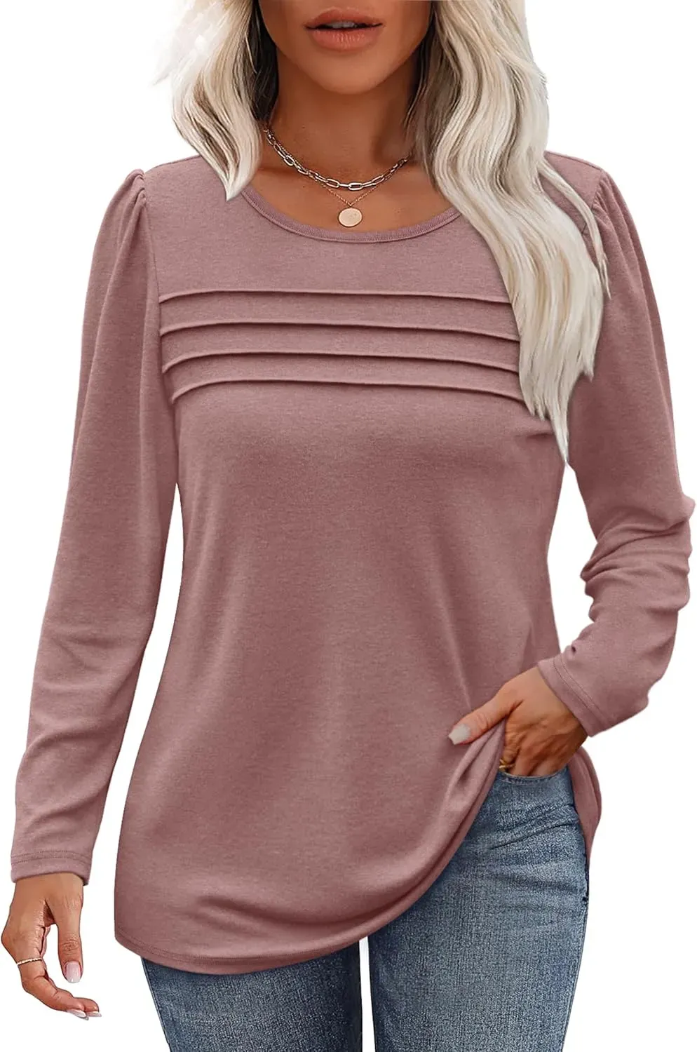 OFEEFAN Long Sleeve Shirts for Women Fall Fashion 2024 Dressy Casual Blouses Trendy Pleated Tunic Tops for Leggings