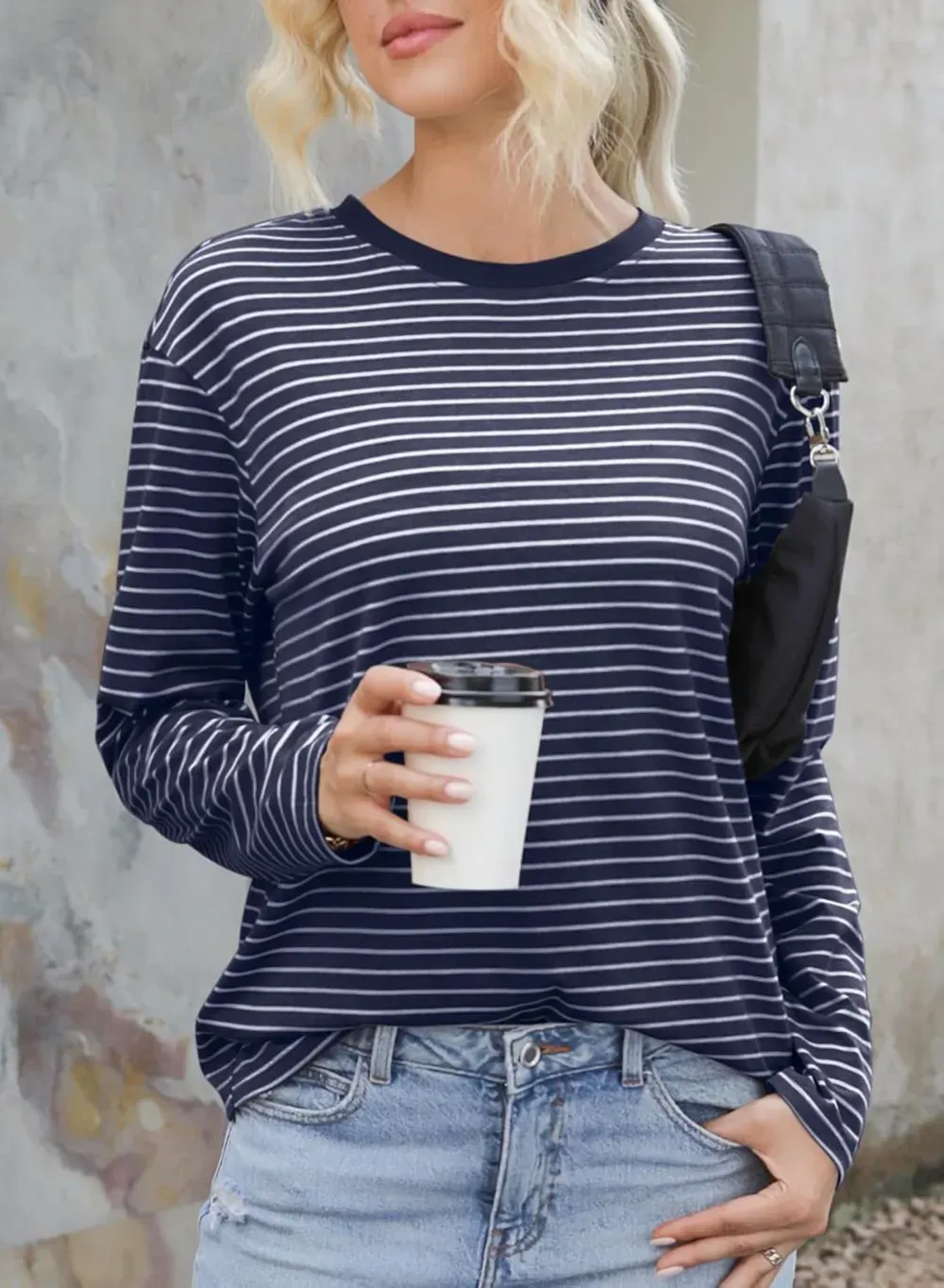 Dokotoo Women's Casual Striped Long Sleeve Tops Crew Neck Knit Ribbed Basic T Shirts