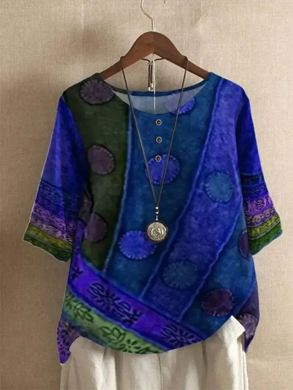 Tribal Pattern O-neck Half Sleeve Loose Women T-shirt