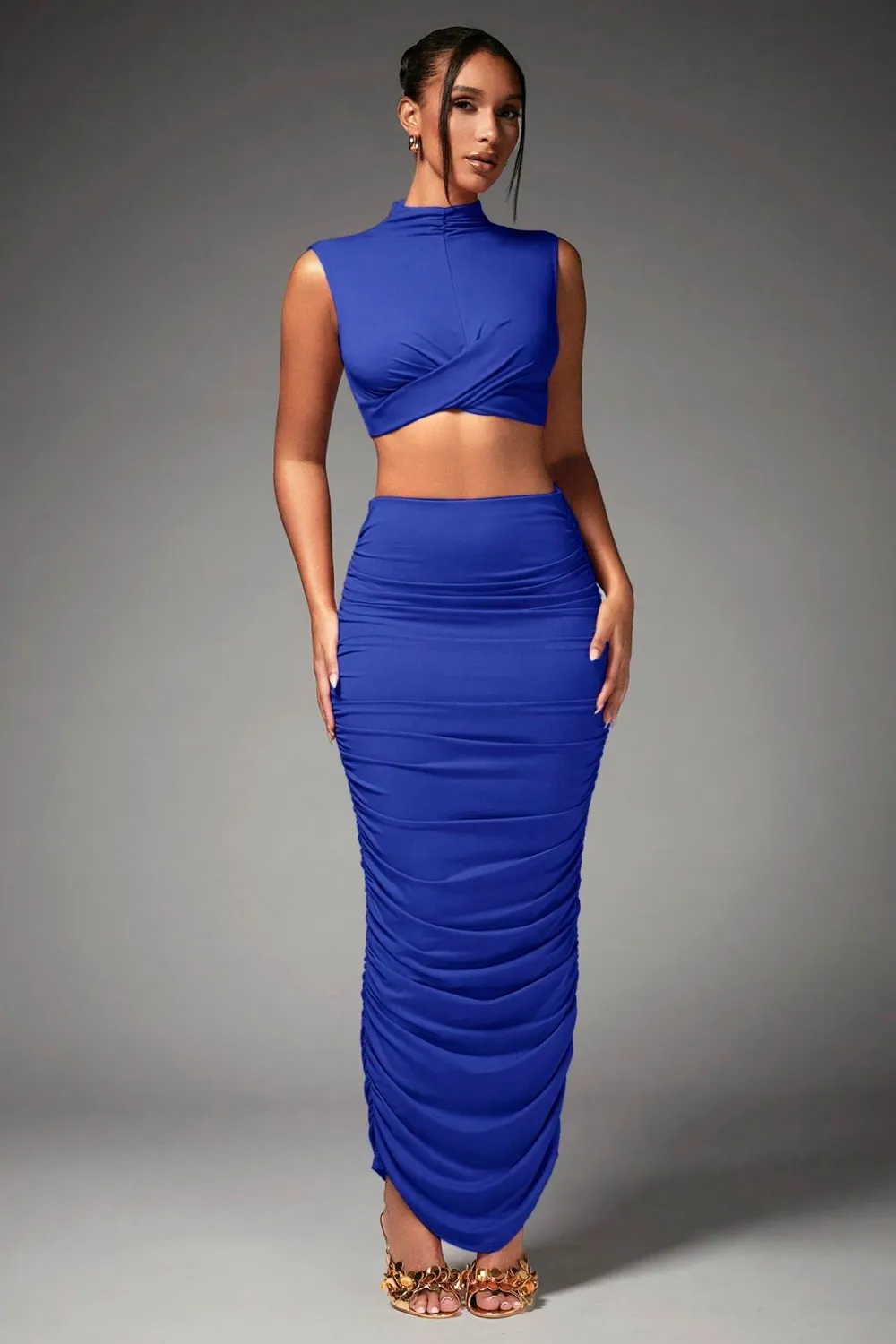 BAE Women's Mock Neck Pleated Crop Top And Skirt Set