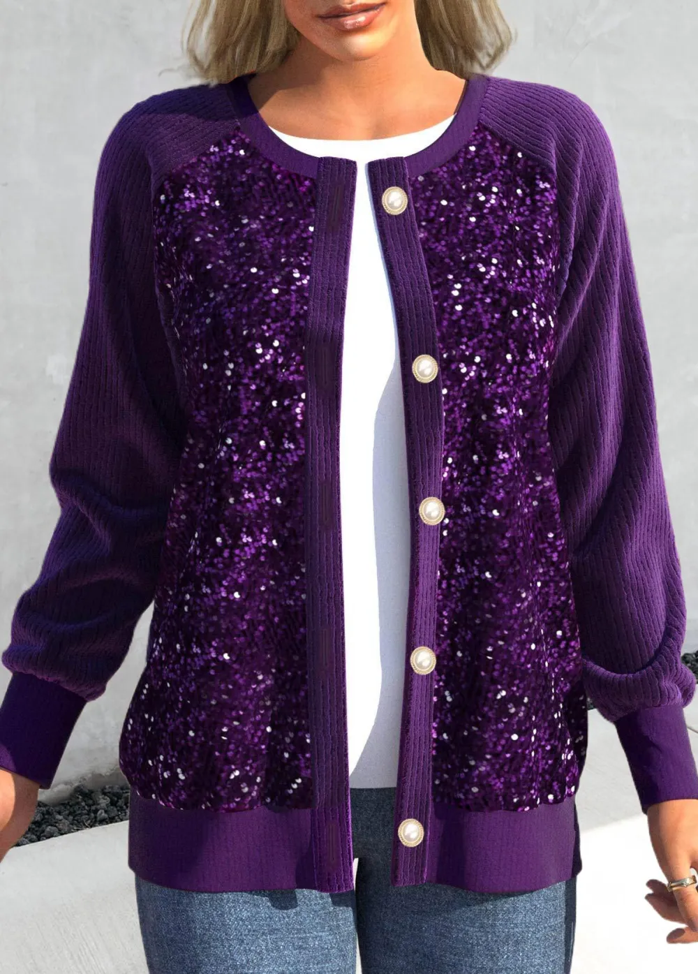 Dark Purple Sequin Long Sleeve Round Neck Cardigan