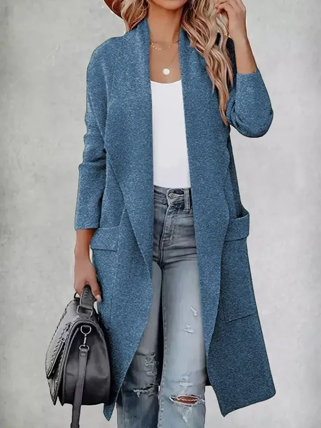 Women Long Sleeve Lapel Open Front Long Woolen Cardigan with Pockets
