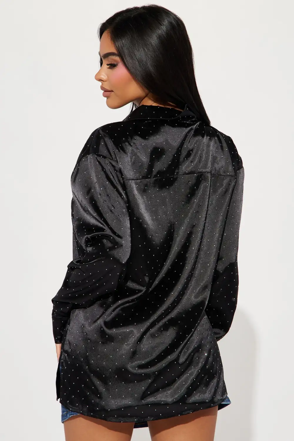 Moon Light Embellished Satin Shirt  - Black