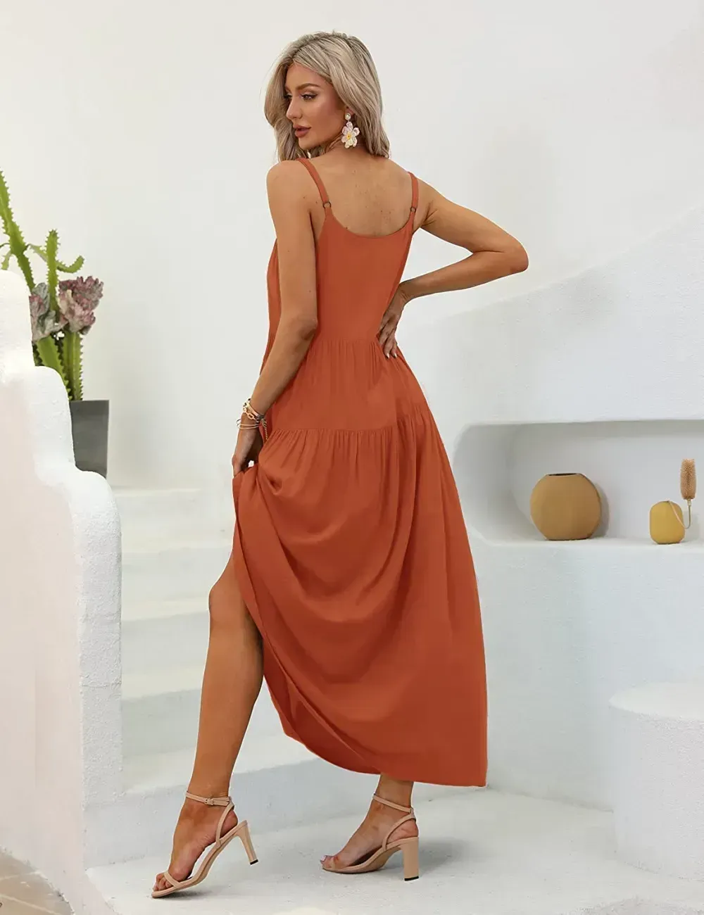 Summer Dresses for Women Casual Loose Bohemian Floral Dress with Pockets Spaghetti Strap Maxi Dress E75