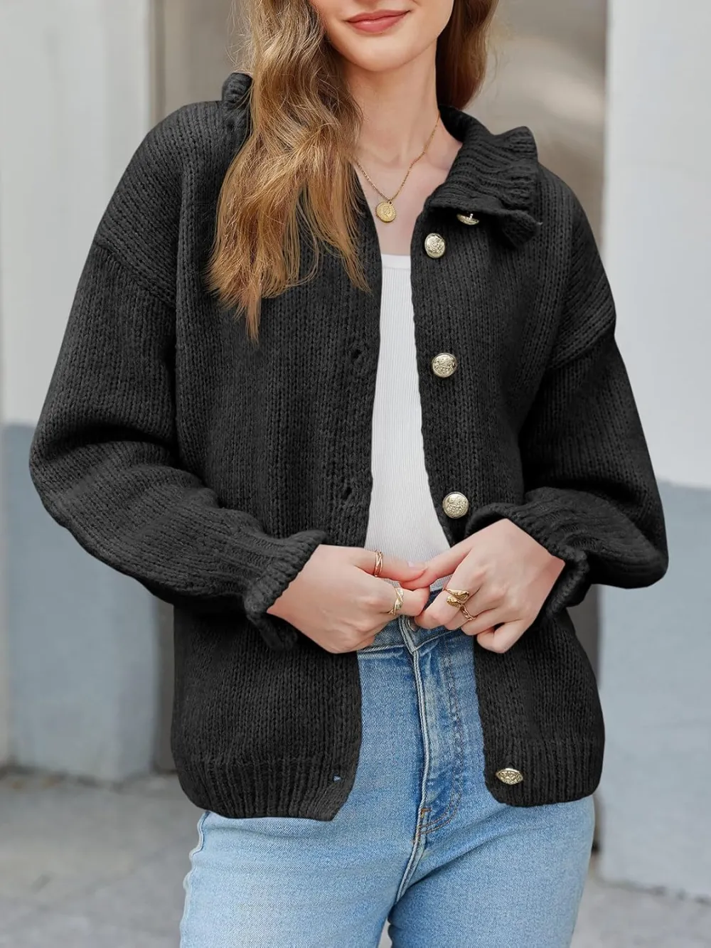 🎄Hot Sale Ruffle Cardigan Oversized Button Up Ribbed Knit Open Front Long Sleeve Loose Sweater