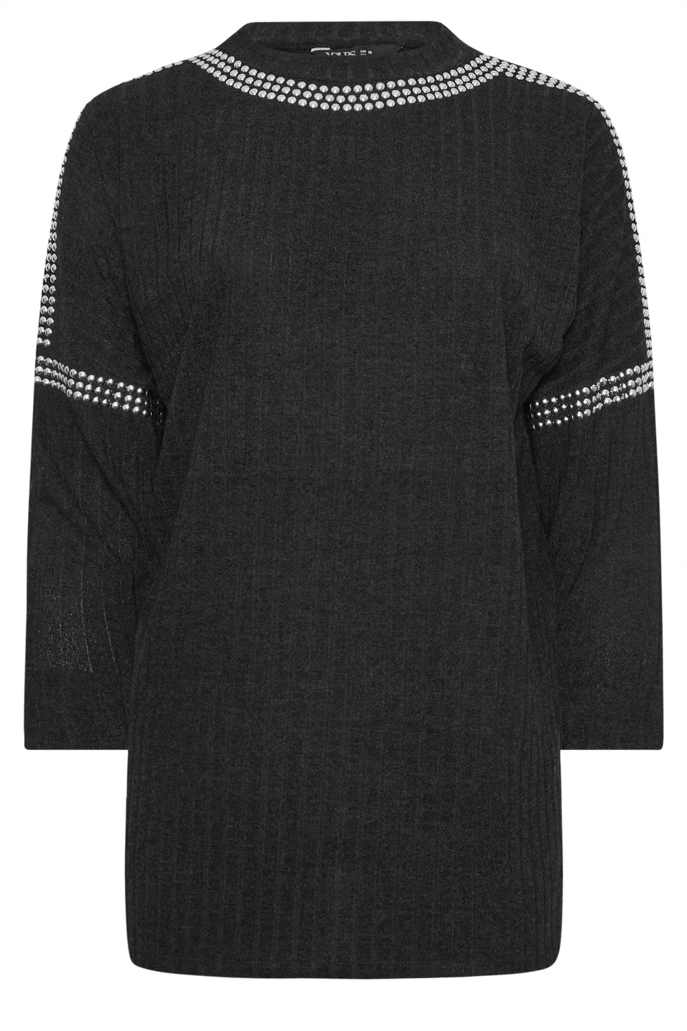 YOURS Curve Grey Stud Neckline Embellished Jumper