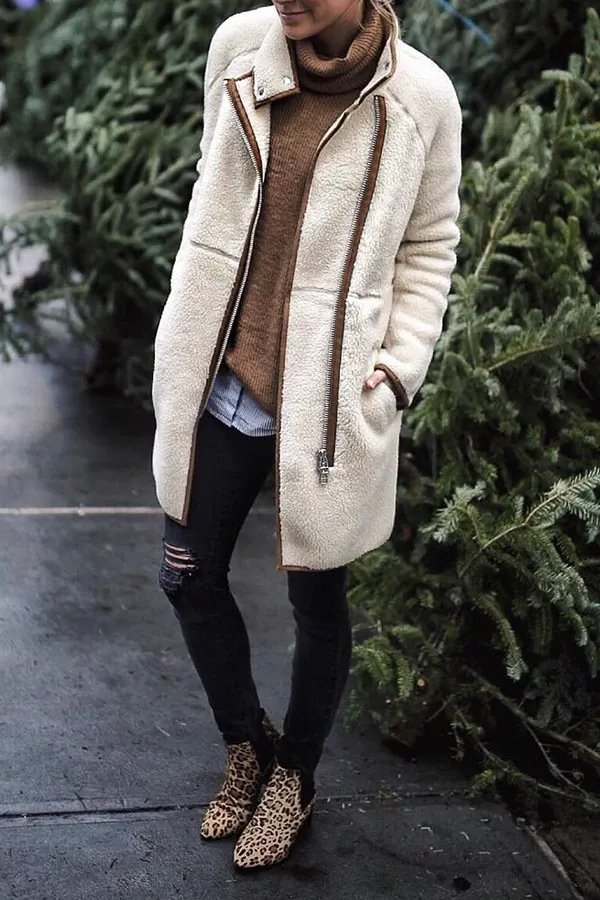 Modern Cozy Details Design Sweet High Neck Plush Coat