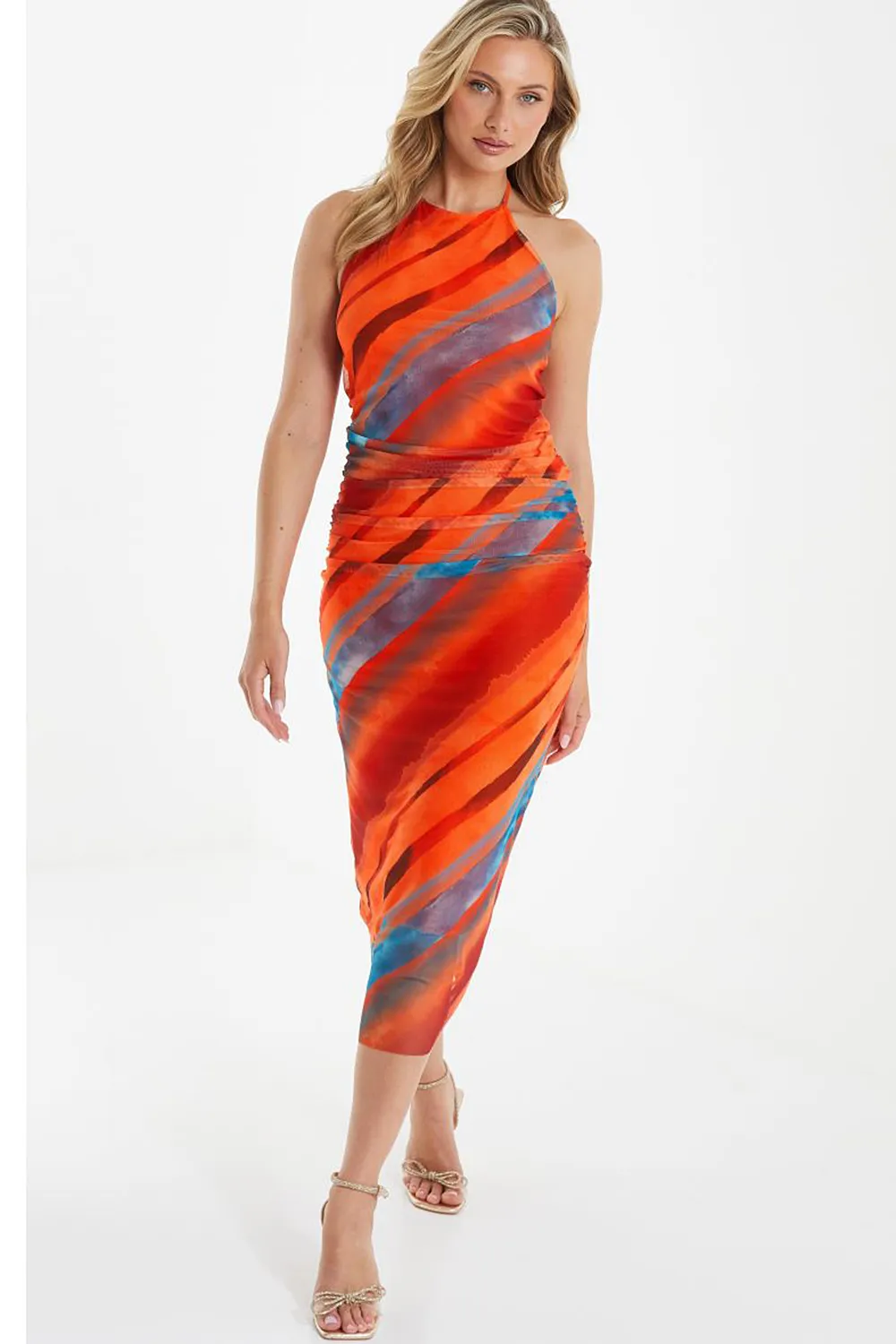 Printed Tulle Midi Dress Orange