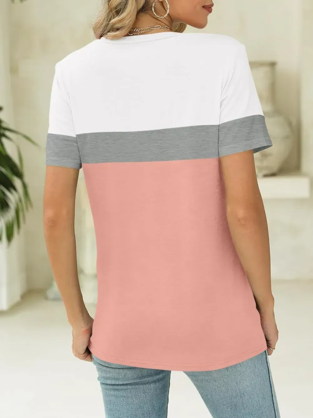 ORANDESIGNE Women's Color Block Short Sleeve T Shirts Casual V Neck Summer Tops Tees Loose Fit Blouses