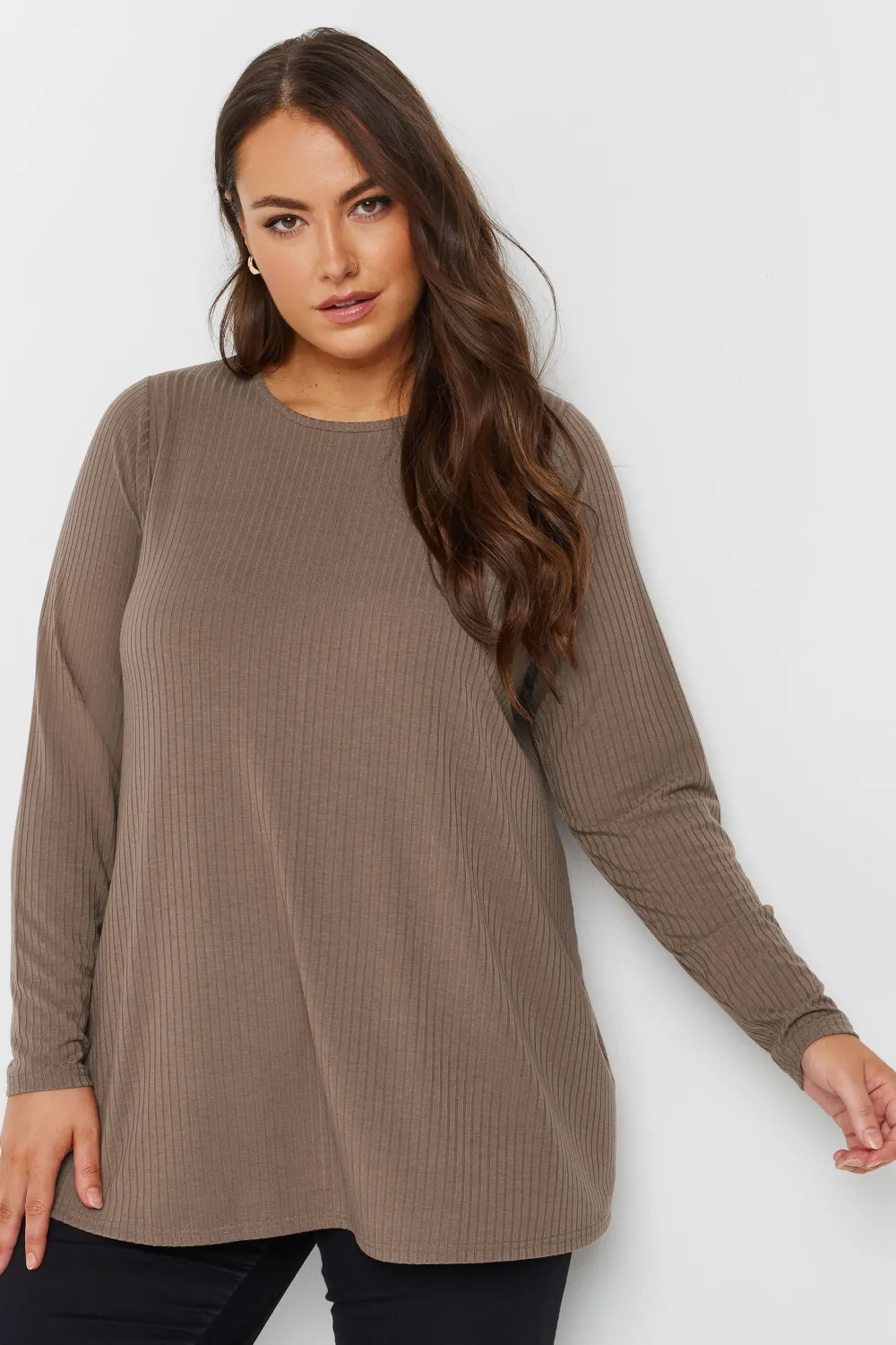 YOURS Curve Black Long Sleeve Ribbed Swing Top