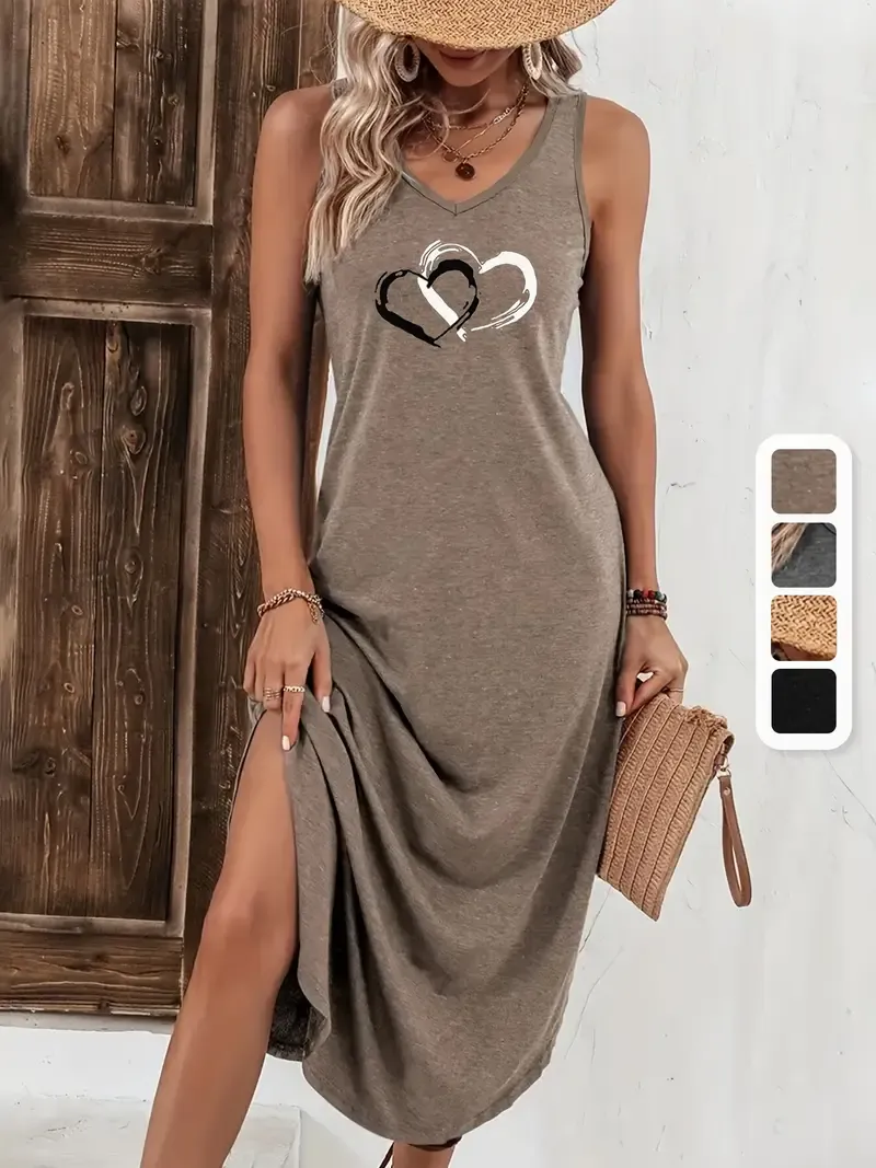 Women'S Summer Sleeveless V-Neck Dress, Casual Loose Fit Long Dress with Heart Print, Polyester 95% Spandex 5% Knit Fabric, Fashionable Grey Tank Dress for Ladies