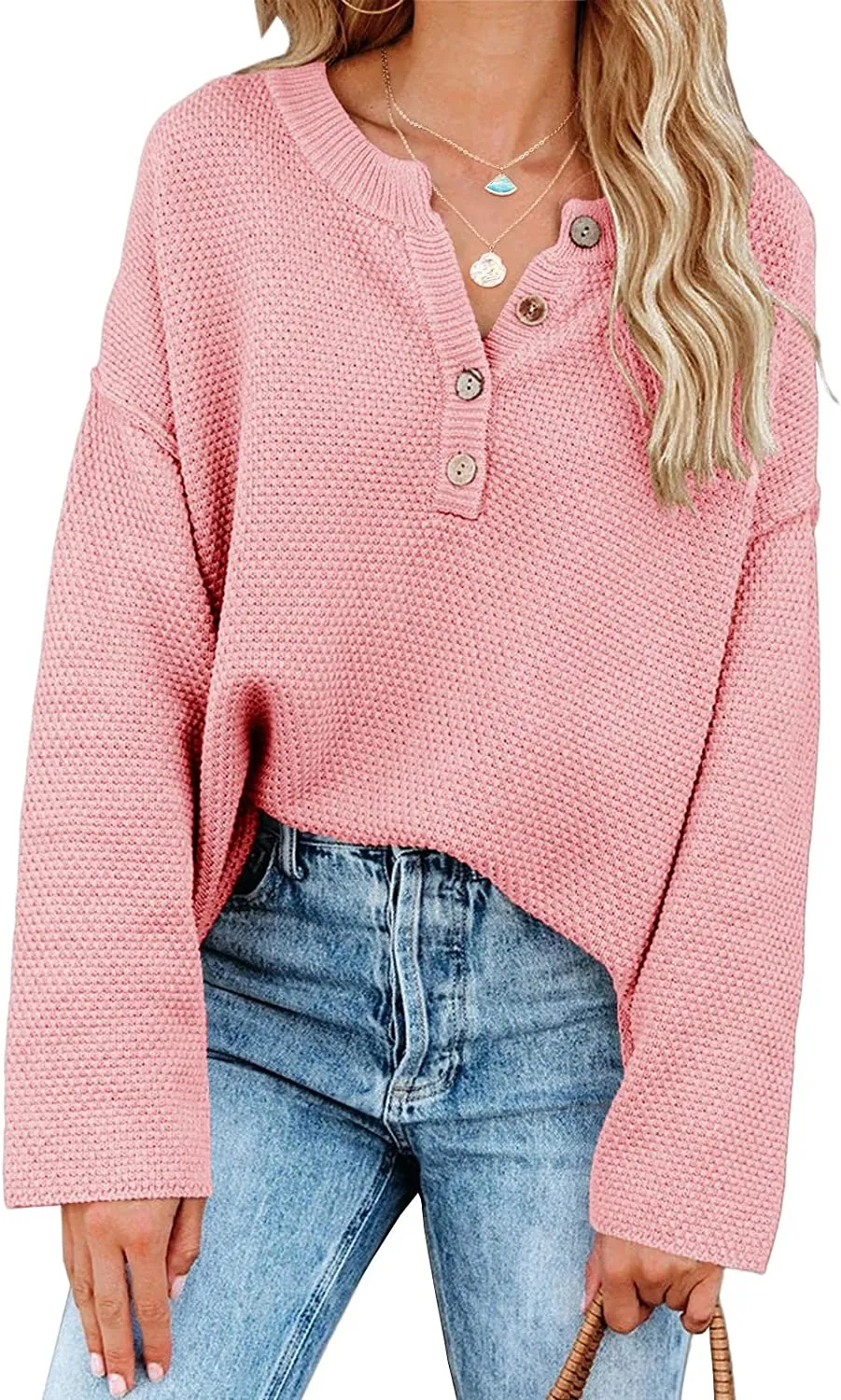 Women's Oversized Sweaters Batwing Long Sleeve Loose V Neck Button Henley Tops Pullover Knit Jumper