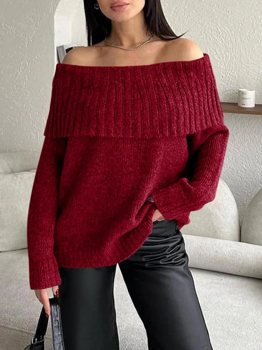 🎄Hot Sale Off The Shoulder Sweaters Long Sleeve Slouchy Knitted Casual Loose Fall Trendy Pullover Tops