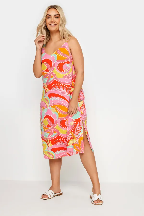 YOURS Curve Pink Retro Tropical Print Beach Dress