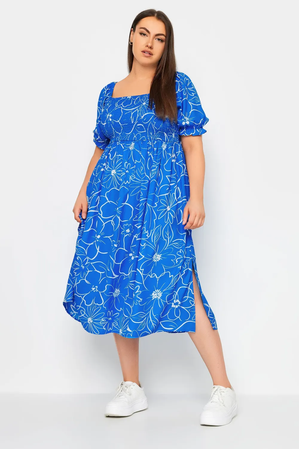 YOURS Curve Blue Floral Print Shirred Midaxi Dress