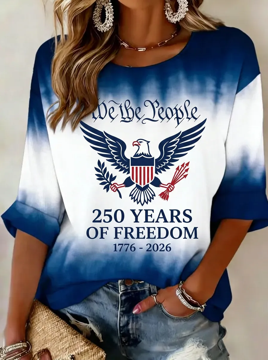 Women's Patriotic USA 250 Years Freedom Eagle Printed Tie-Dye T-shirt